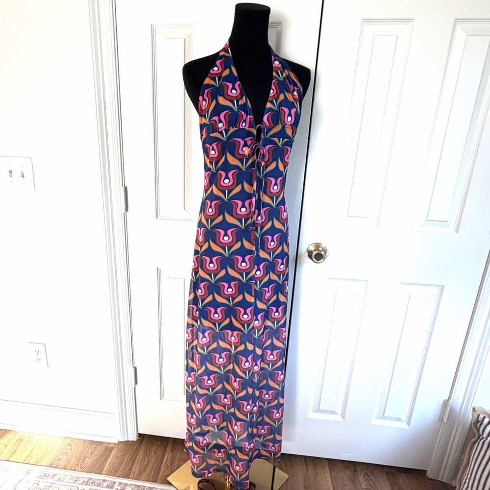 Dolls Kill Delia’s halter Maxi dress Y2K retro Psychedelic print women’s large - Picture 2 of 12
